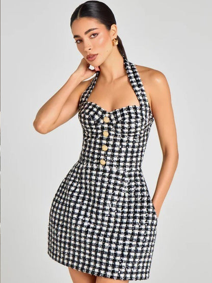 Black and White Houndstooth Tweed Halter Mini Dress