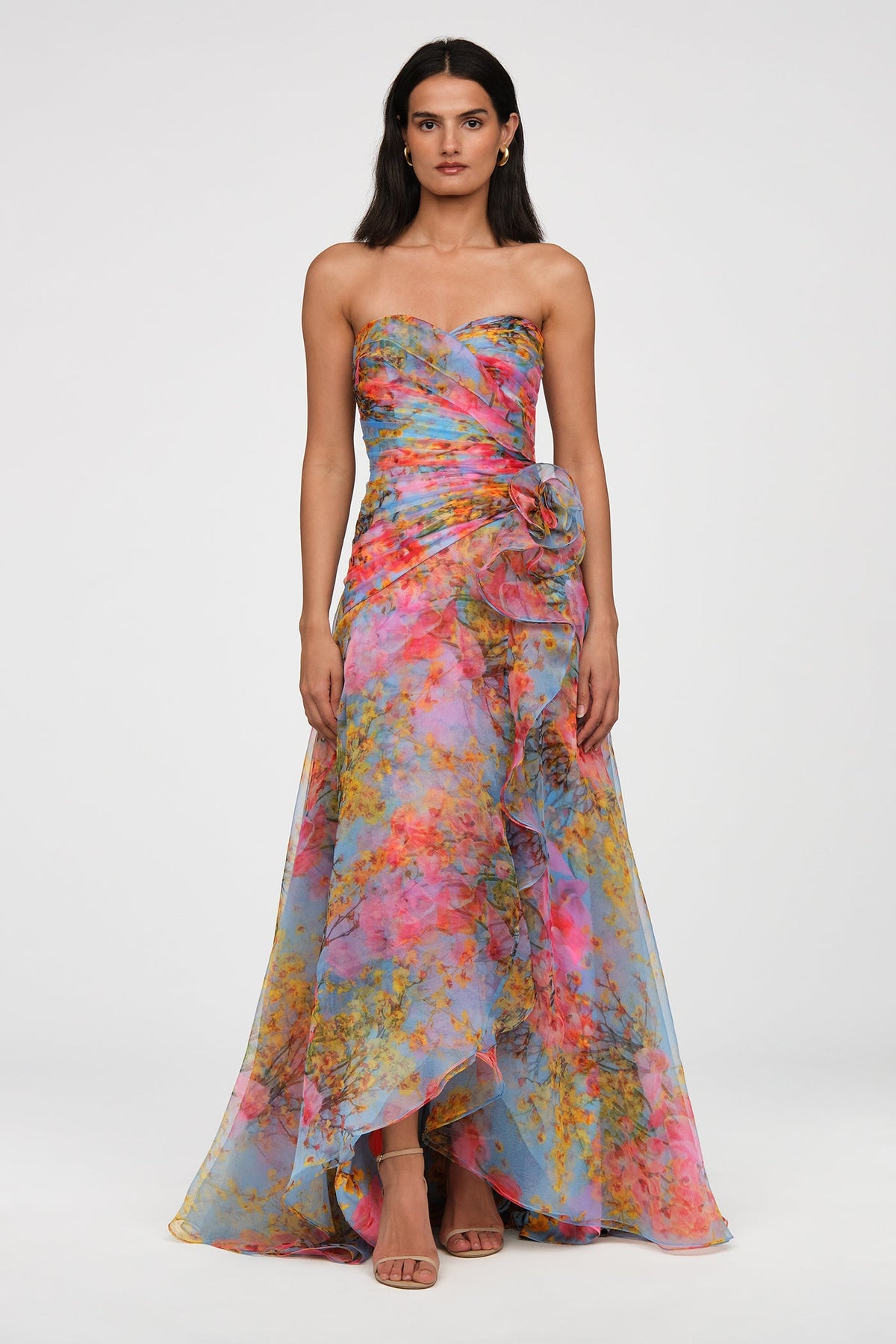 Draped Watercolor Floral Strapless Gown - Vibrant Bloom