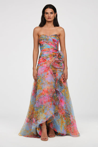 Draped Watercolor Floral Strapless Gown - Vibrant Bloom