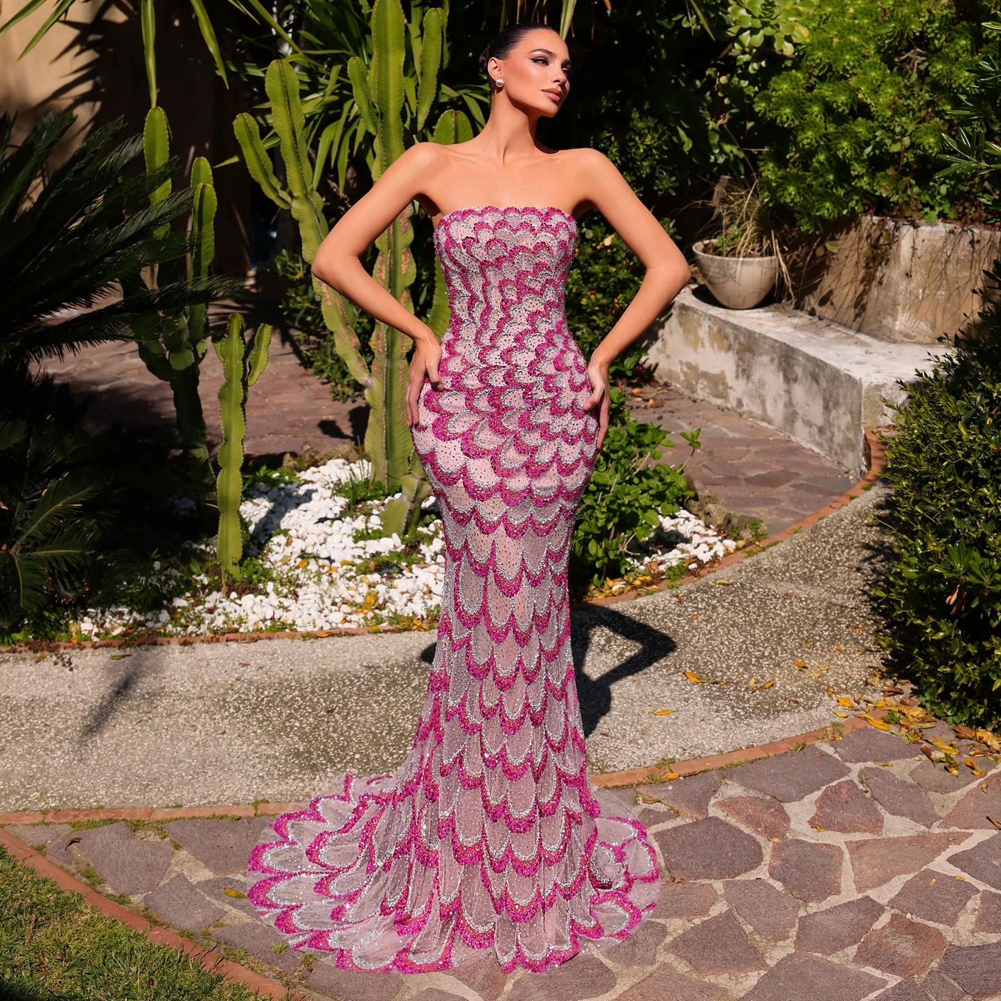Seraphina Strapless Sequin Scalloped Mermaid Gown in Mauve and Berry