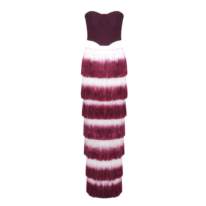 Structured Corset Bustier and Tiered Fringe Midi Skirt Set