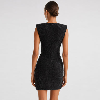 Metallic Draped Plunge Mini Dress - Charcoal Silver