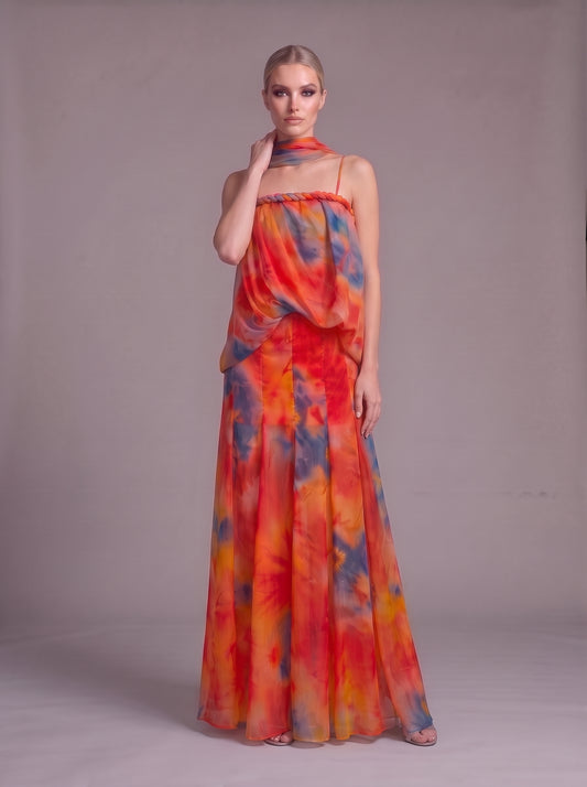 Vibrant Orange Tie-Dye Chiffon Evening Gown with Matching Scarf