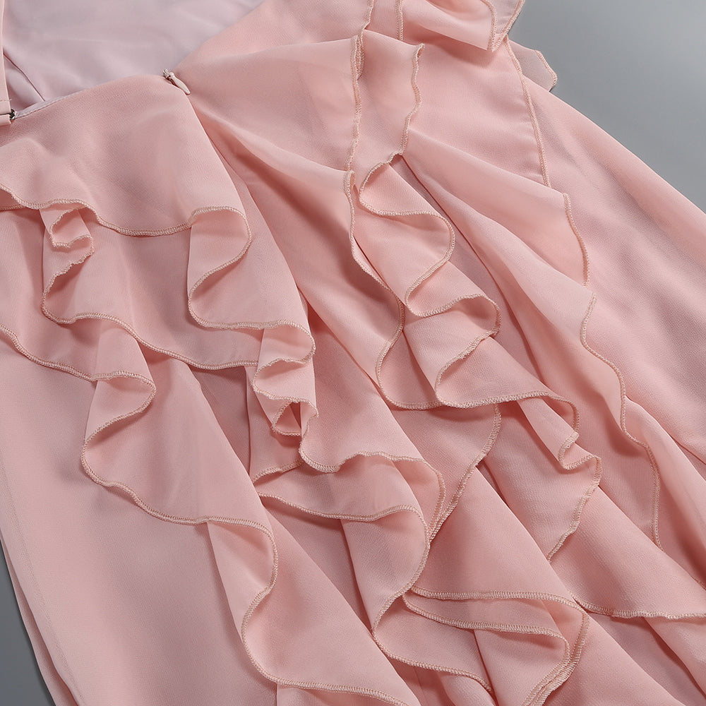 Cascading Ruffle Halter Maxi Dress - Blush Pink