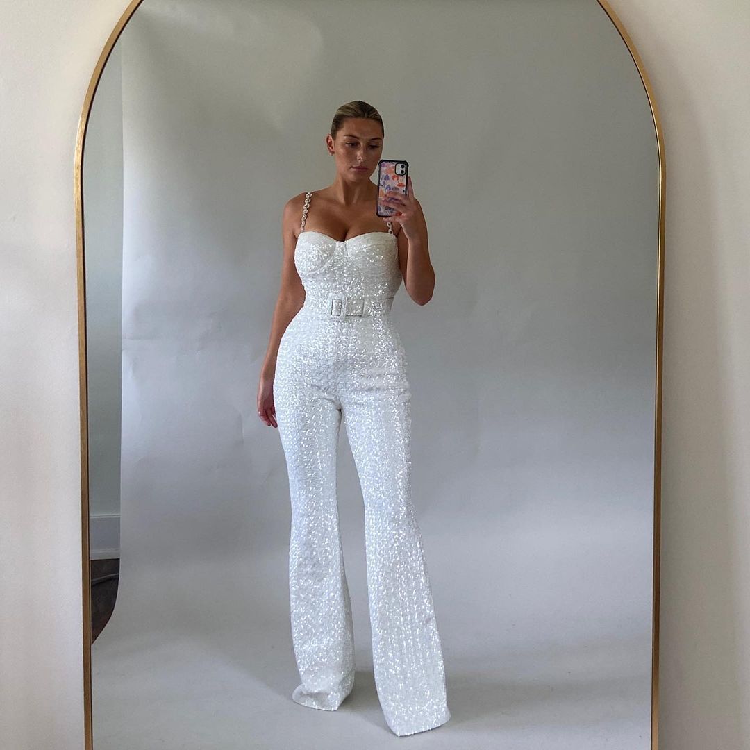 Luminous White Sequin Bustier Flared Jumpsuit