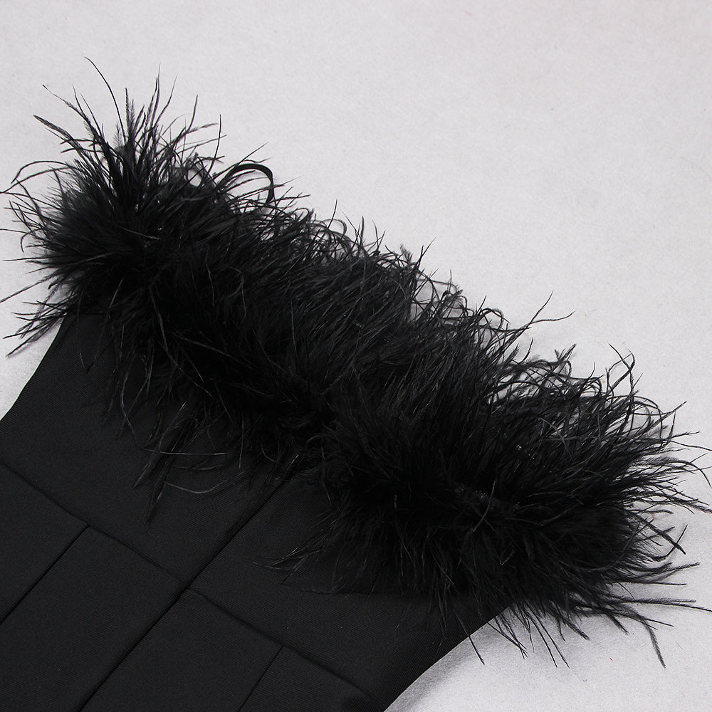 Black Strapless Feather-Trimmed Midi Dress