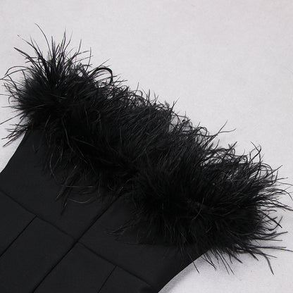 Black Strapless Feather-Trimmed Midi Dress