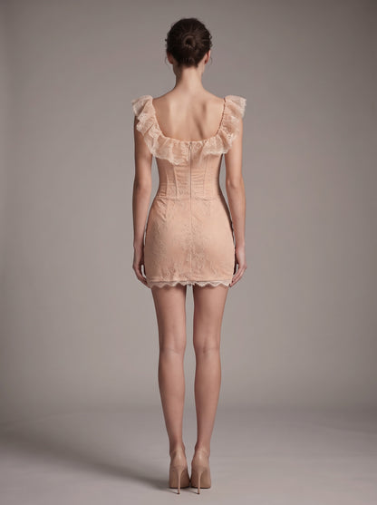 Romantic Ruffled Lace Corset Mini Dress - Soft Apricot