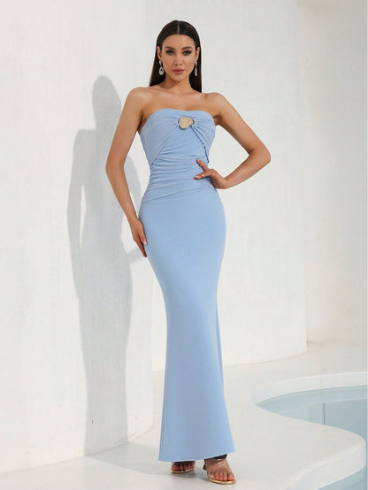 Metallic-Accented Ruched Strapless Gown - Powder Blue