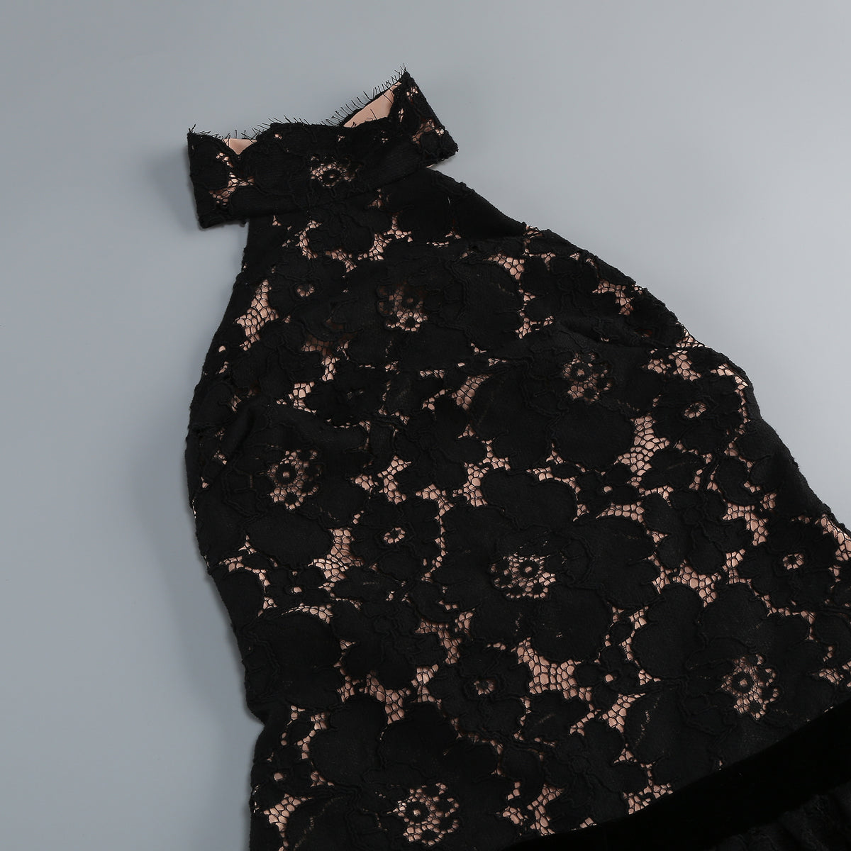 Velvet-Trimmed Lace Halter Mini Dress - Black