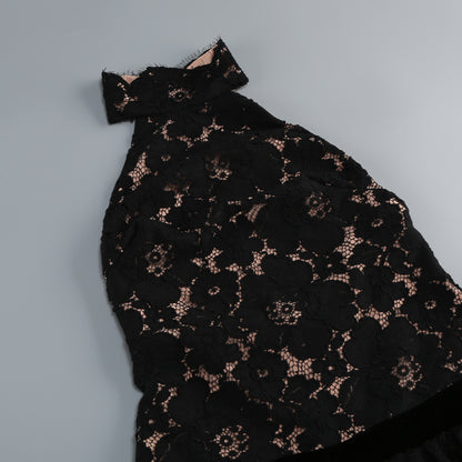 Velvet-Trimmed Lace Halter Mini Dress - Black