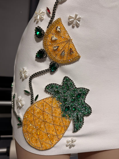 White Beaded Tropical Fruit Applique Mini Dress