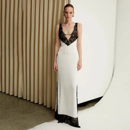 The Simone Lace-Inlay Silk Column Gown