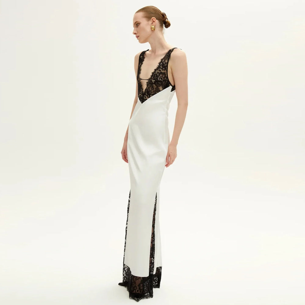 The Simone Lace-Inlay Silk Column Gown