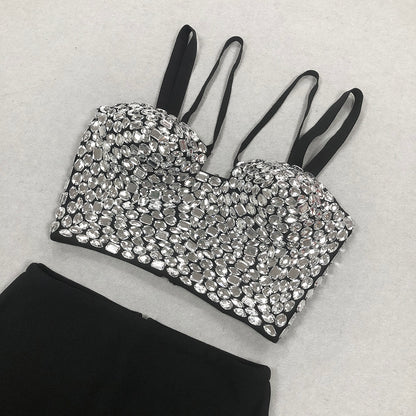 Embellished Silver Sequin Crop Top & High-Waisted Maxi Skirt Set