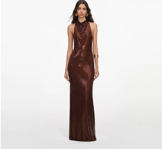 Metallic Bronze Cowl Neck Column Gown