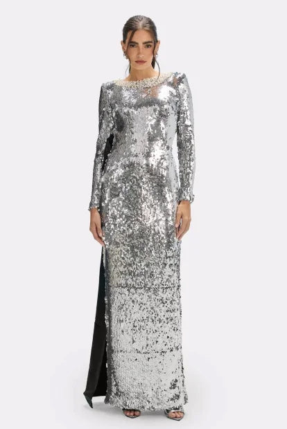 Liquid Silver Sequined Column Gown with Contrast Cape Detail