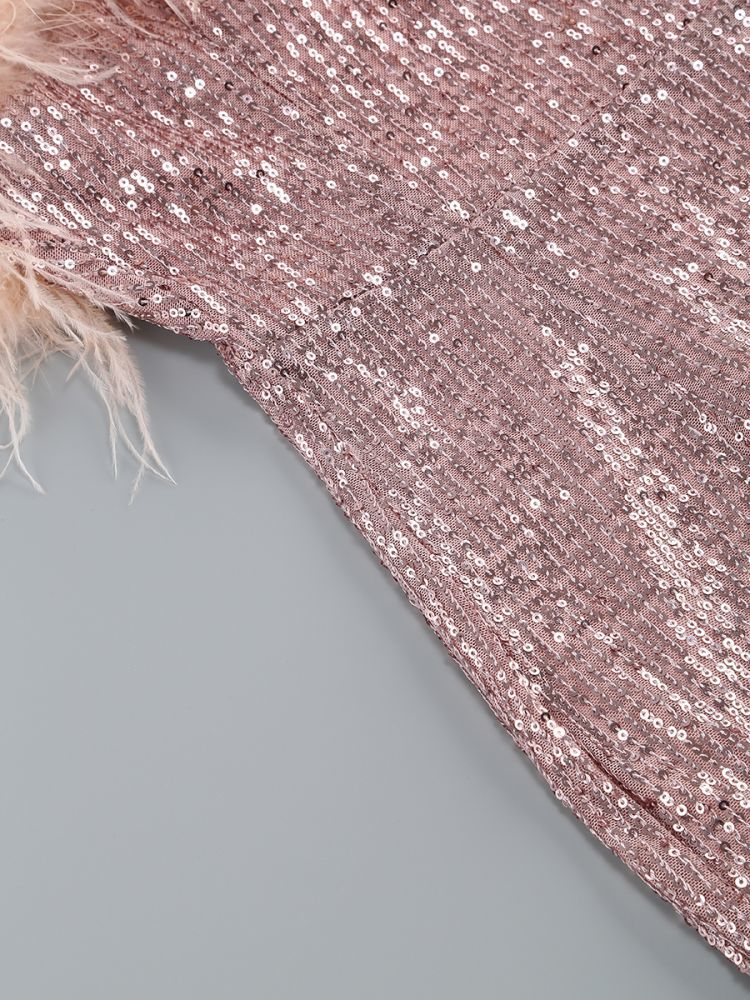 Rose Gold Sequin and Feather-Trimmed Strapless Mini Dress