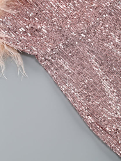 Rose Gold Sequin and Feather-Trimmed Strapless Mini Dress