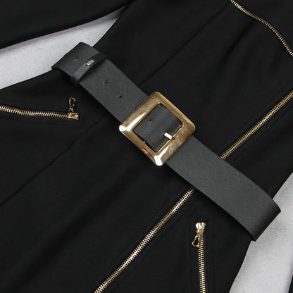 Black Off-the-Shoulder Asymmetrical Zip Belted Midi Dress