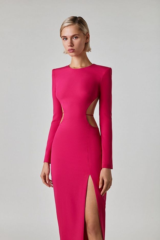 Fuchsia Power Shoulder Cutout Midi Dress