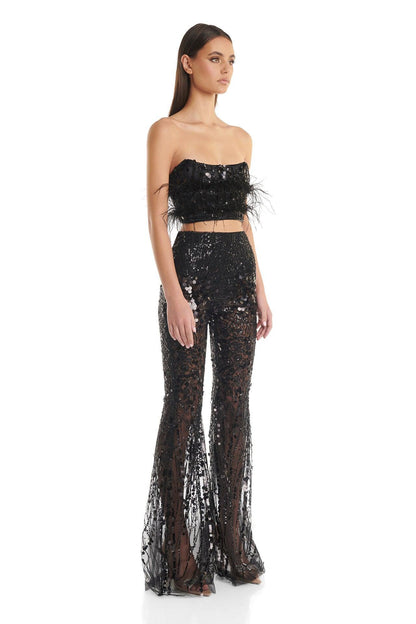 Black Feather-Trimmed Crop Top and Sheer Sequin Flared Pants Set