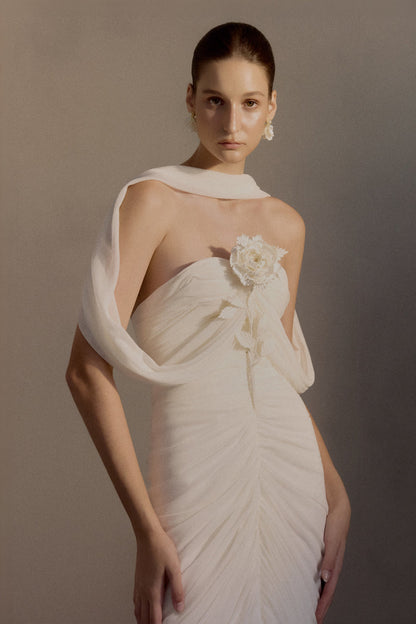 Ivory Ruched Strapless Gown with 3D Floral Accent