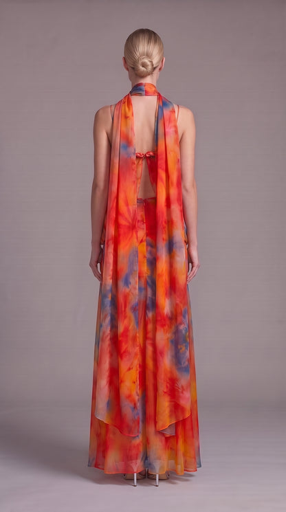 Vibrant Orange Tie-Dye Chiffon Evening Gown with Matching Scarf