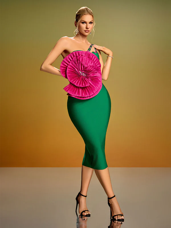 Asymmetrical Green Bodycon Midi Dress with Oversized Pink Floral Bodice