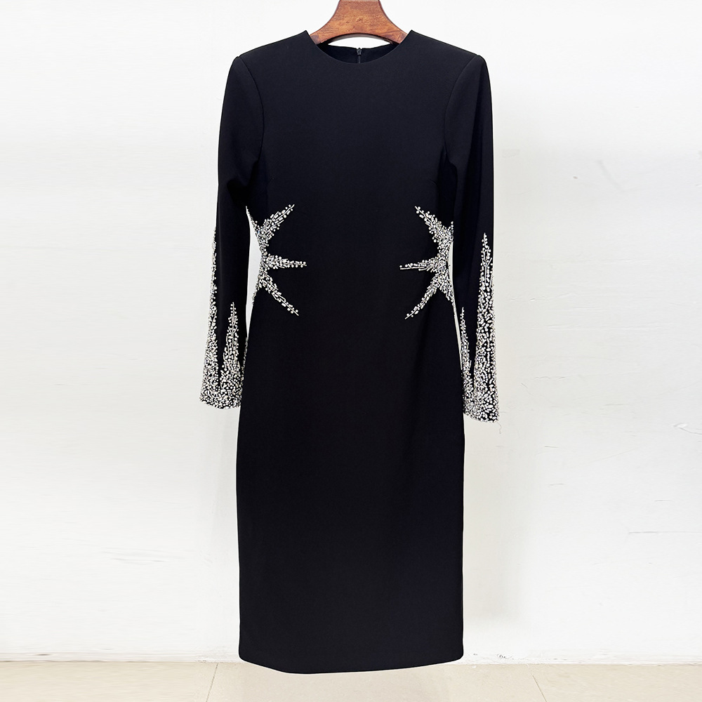 Black Crystal Embellished Long Sleeve Sheath Dress