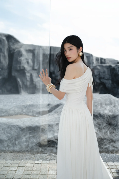 Elegant Off-the-Shoulder Ruched Chiffon Gown – Ivory