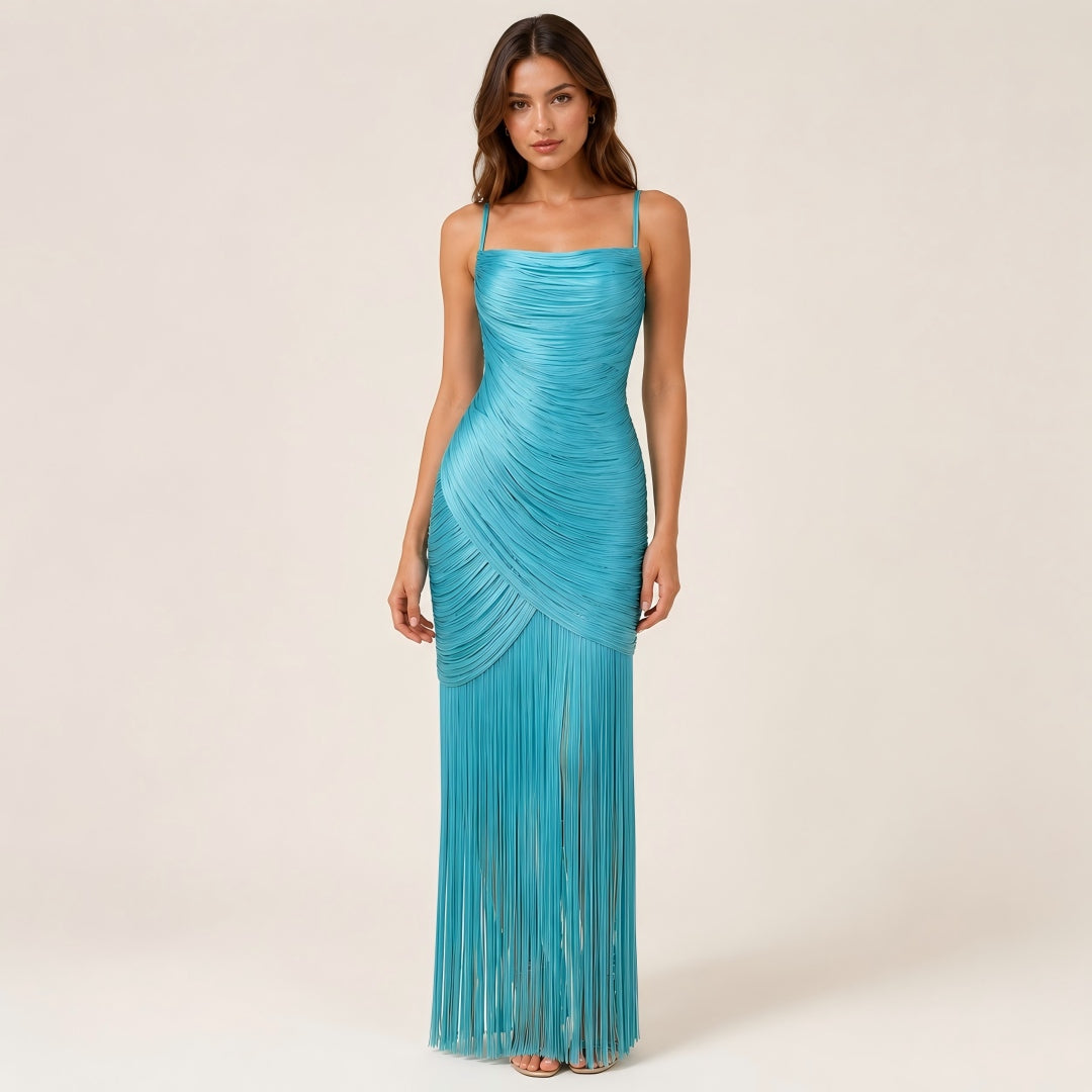 Ruched Spaghetti Strap Fringe Maxi Gown - Turquoise