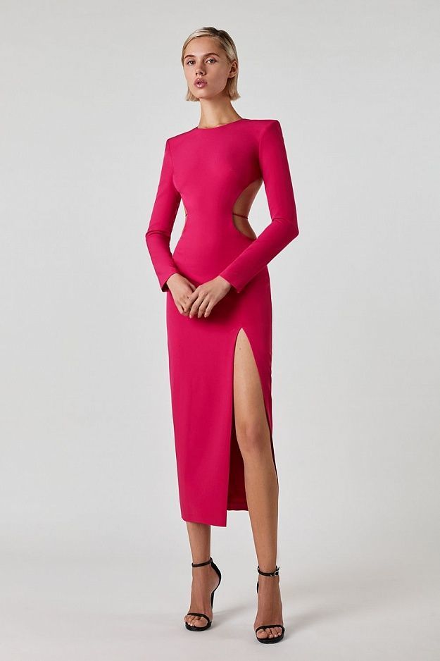 Fuchsia Power Shoulder Cutout Midi Dress