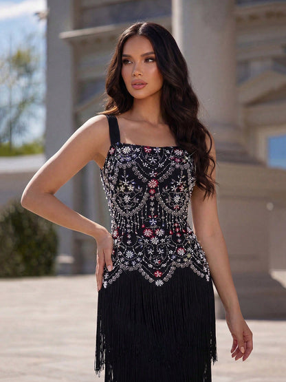 Embellished Chandelier Fringe Maxi Gown - Black