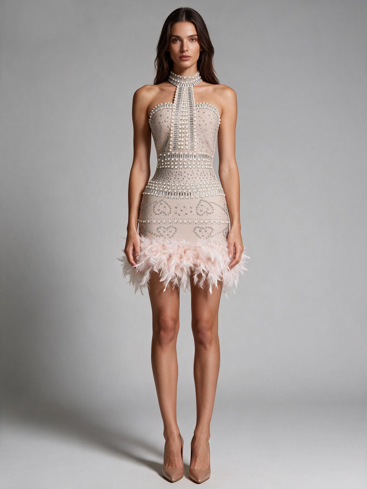 Blush Pearl & Crystal Embellished Halter Mini Dress with Feather Trim