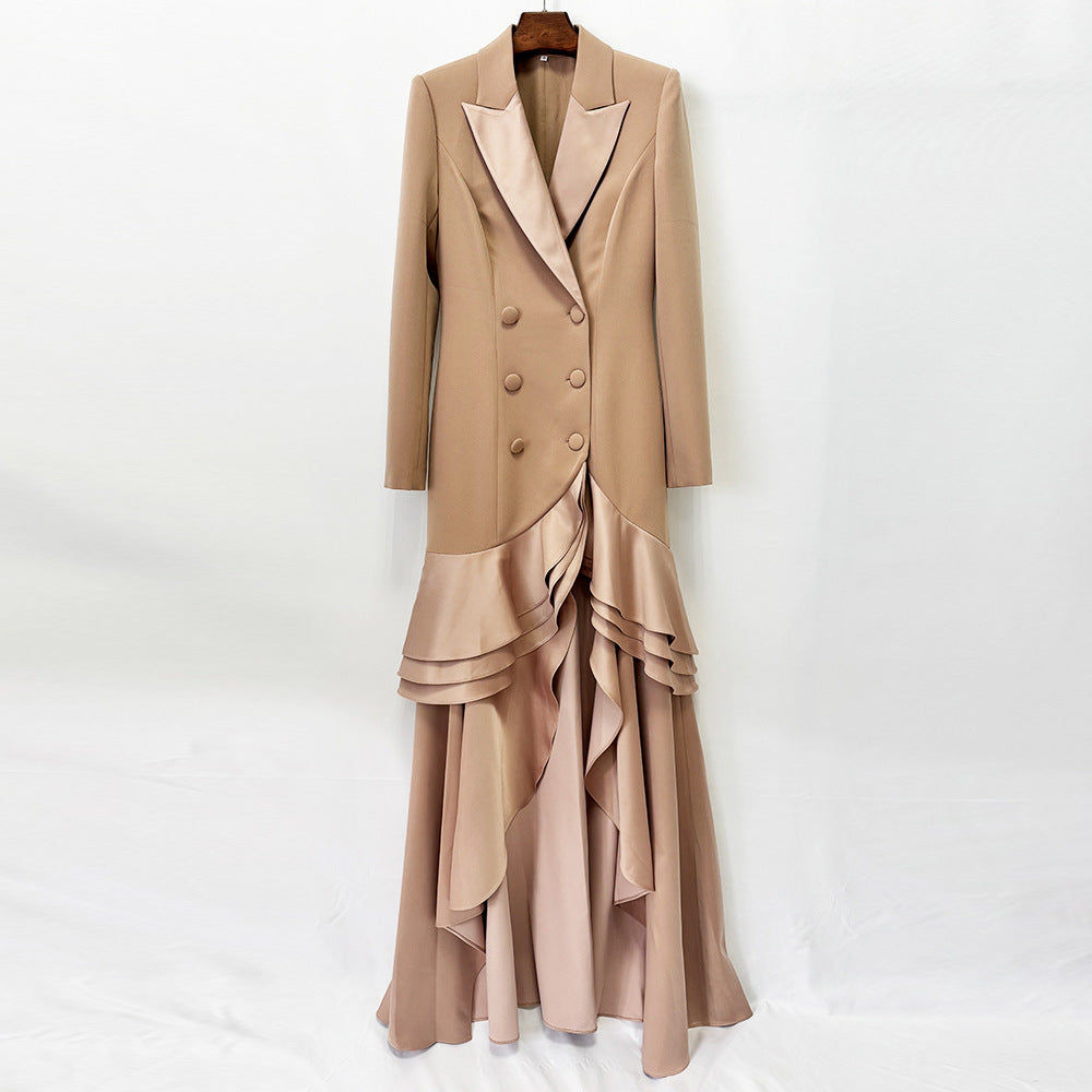 Taupe Tuxedo-Style High-Low Ruffle Gown
