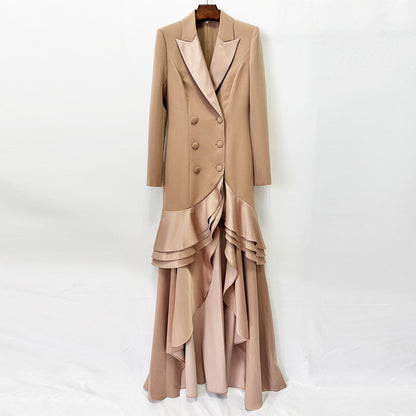 Taupe Tuxedo-Style High-Low Ruffle Gown