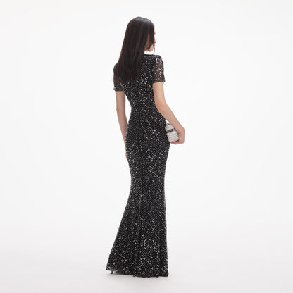 Black Crystal Embellished Short Sleeve Mermaid Gown