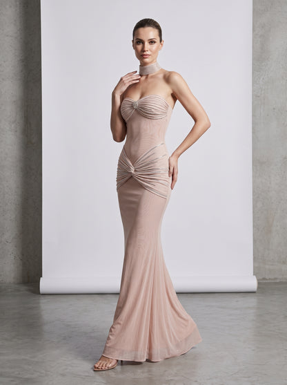 Embellished Ruched Mesh Strapless Gown with Choker - Nude