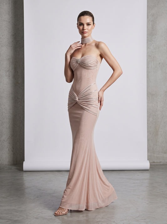 Embellished Ruched Mesh Strapless Gown with Choker - Nude