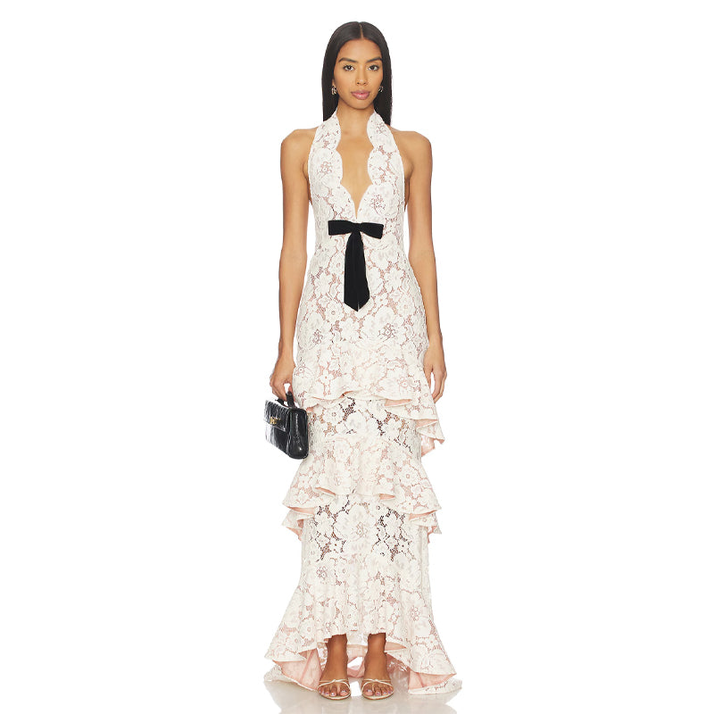 Velvet-Accented Tiered Lace Halter Gown - Ivory & Blush