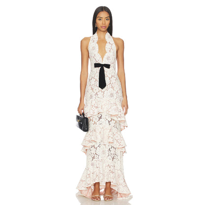 Velvet-Accented Tiered Lace Halter Gown - Ivory & Blush