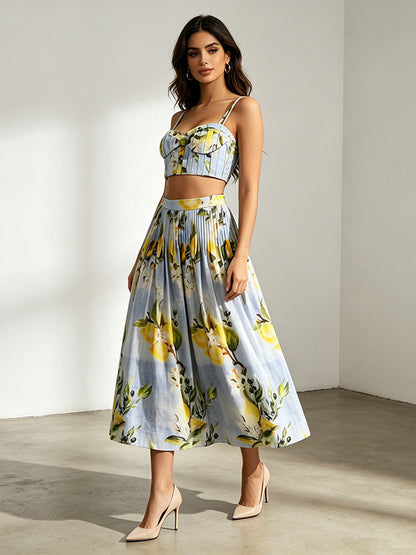 Mediterranean Lemon Print Two-Piece Midi Set