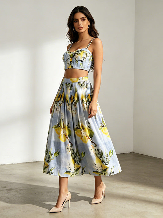 Mediterranean Lemon Print Two-Piece Midi Set