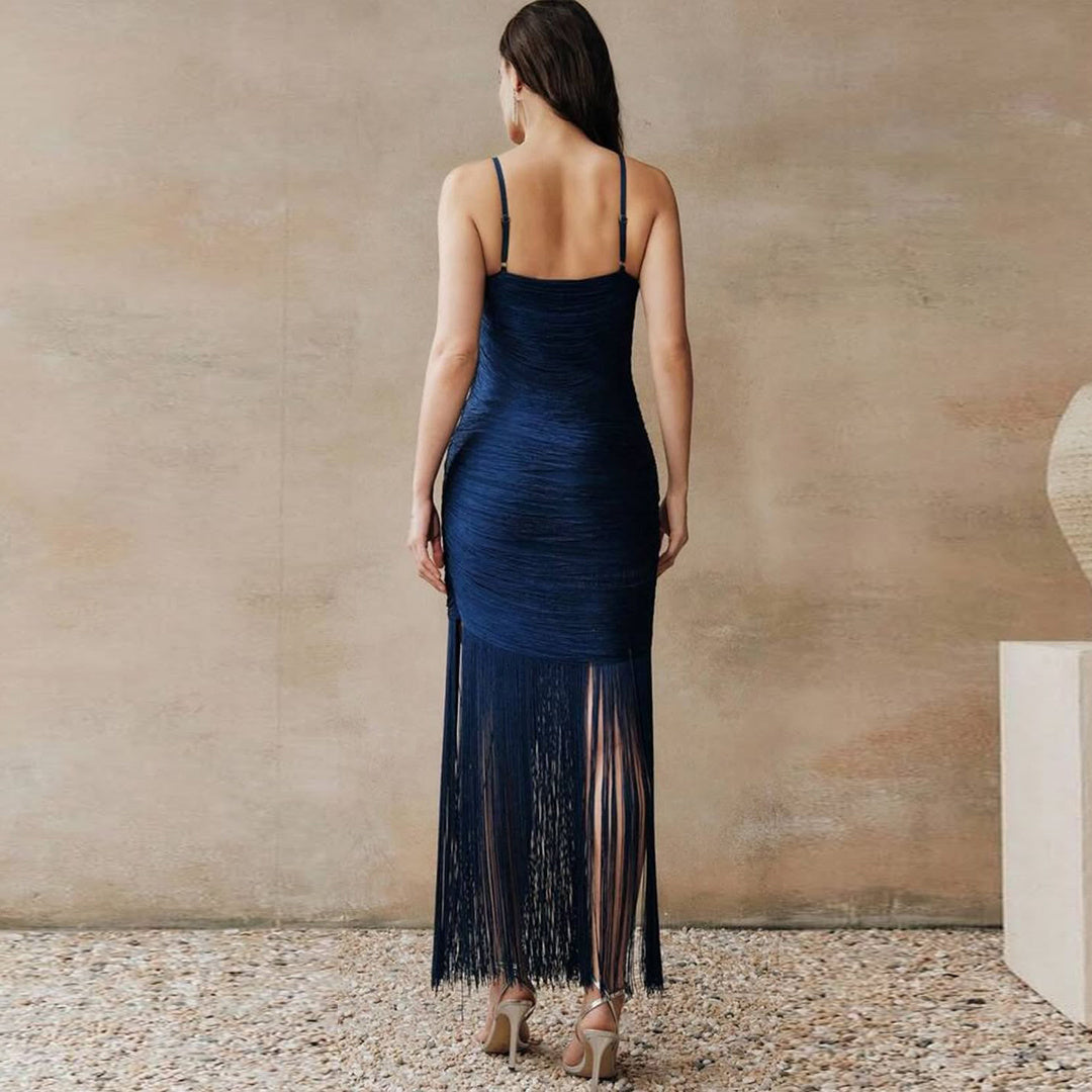 Midnight Fringe Cowl-Neck Maxi Dress