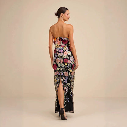 Enchanting Floral Embroidered Strapless Column Gown