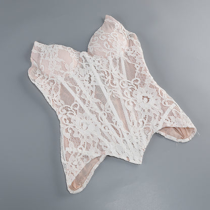 Structured Floral Lace Corset Mini Dress - Ivory White