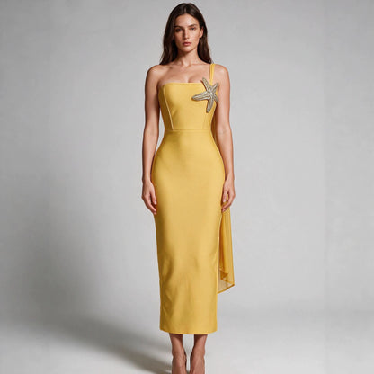Mustard Yellow Asymmetric Cocktail Gown with Chiffon Drape