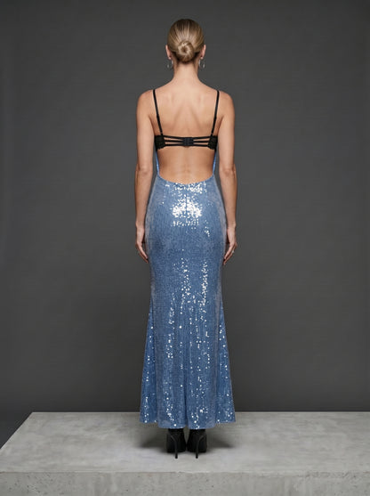 Ice Blue Sequin Gown with Black Lace Corset