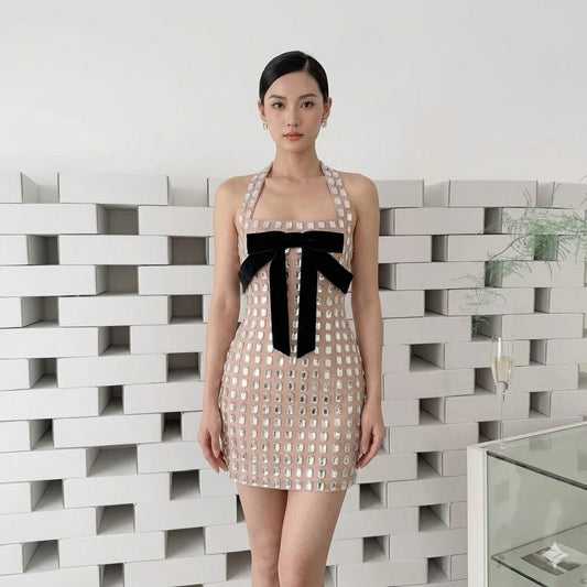 Crystal Embellished Halter Mini Dress with Black Bow